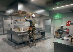 Immagine con dei lavoratori muniti di d.p.i. che stanno svolgendo dei controlli di sicurezza antincendio in una cucina professionale. Un lavoratore sta controllando la cappa, un altro sta invece installando un estintore vicino a una delle vie di fuga.