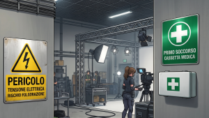 Un set cinematografico sullo sfondo, in primo piano sono invece presenti dei cartelli di sicurezza; in particolare: uno che segnala la cassetta di primo soccorso, e l'altro che segnala un pericolo elettrico.