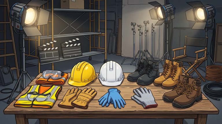 Un tavolo in un set cinematografico; sul tavolo sono presenti diversi DPI (caschi, guanti, occhiali, scarpe antinfortunistiche)